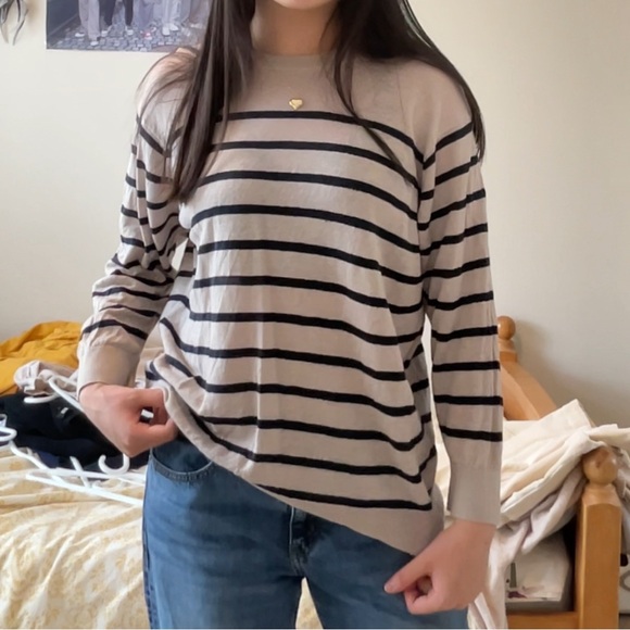Muji Knit Crew Neck Linen Sweater in Beige/Taro with Navy Stripes - Picture 1 of 5